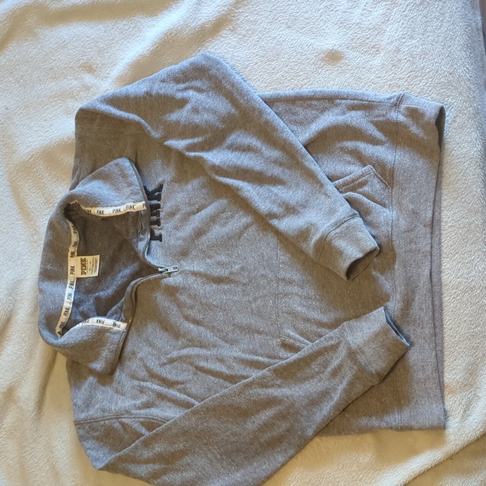 Vintage PINK Victoria's Secret - Gray Marle Quarter Zip Sweatshirt XS